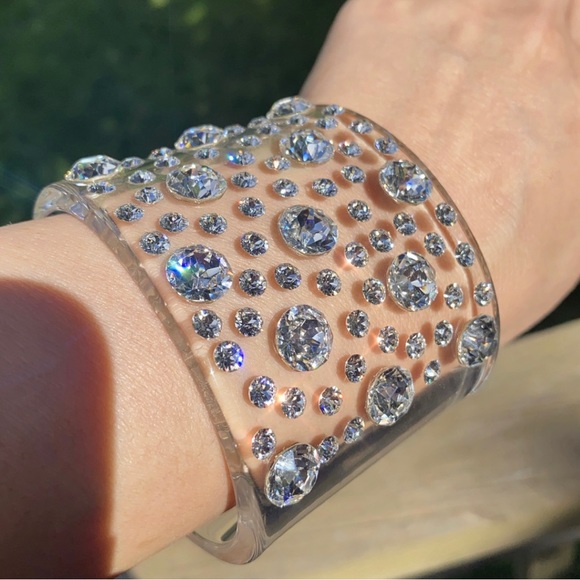 Clear Acrylic Swarovski Crystal Embellished Wide Chunky Cuff Bracelet for Women - Picture 16 of 17